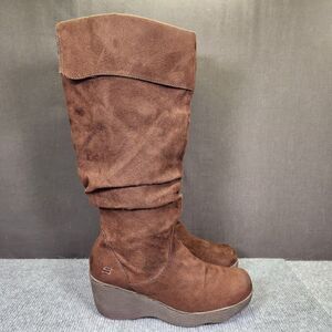 Vintage Skechers Tall Boots Womens Size 6.5 Brown Faux Suede 3" Wedge Heels